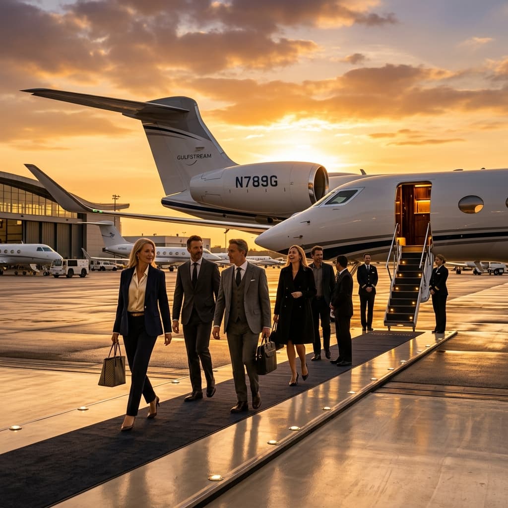 Group boarding private jet