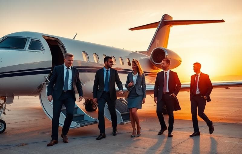 Group of business executives boarding a private jet